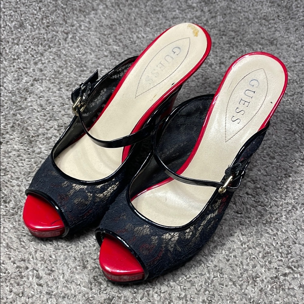 Guess Black and Red Peep-Toe Heels with Bow